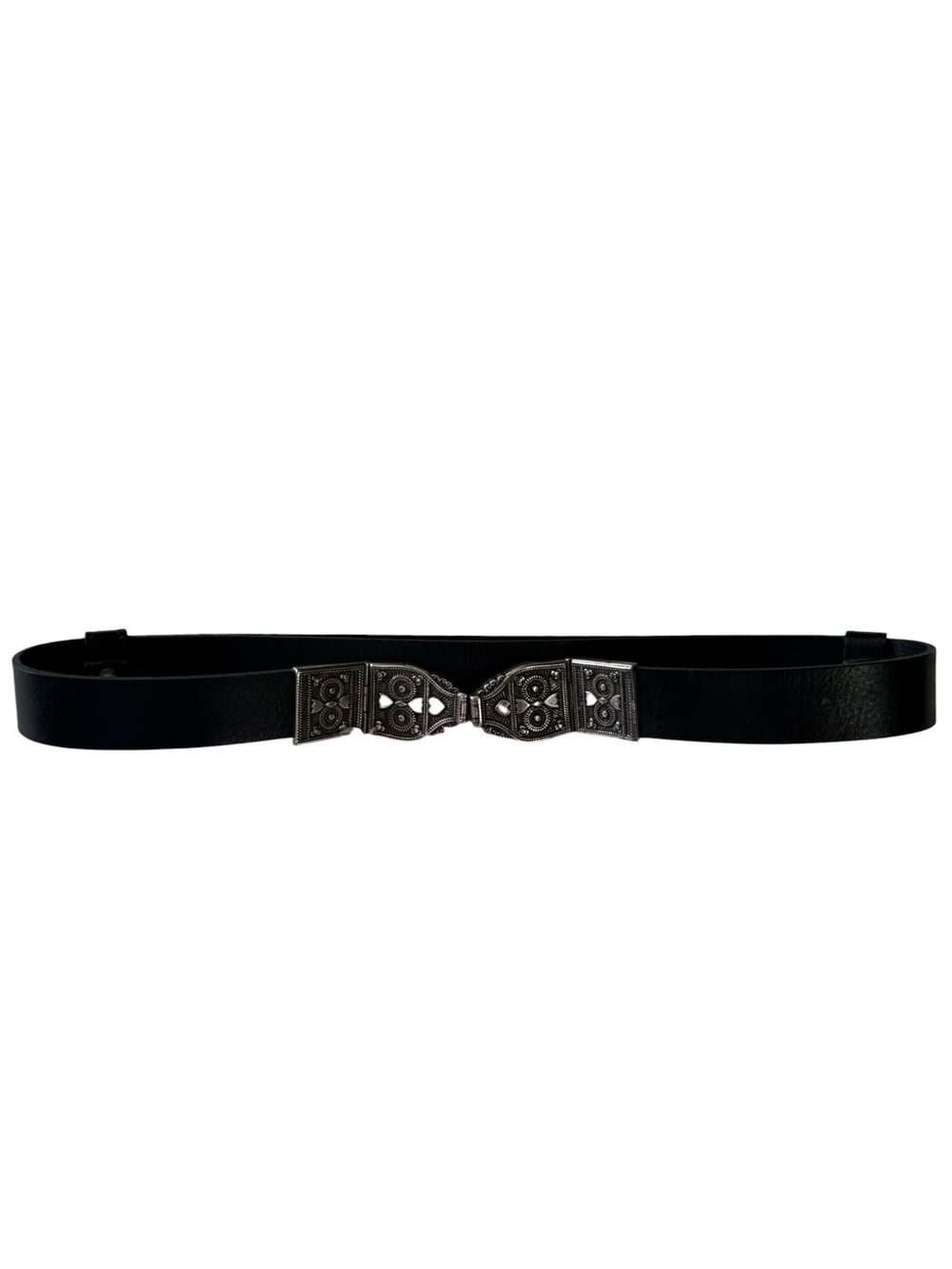Chico’s Women’s Leather Black Belt Ornate Silver Tone Buckle USA Made Size M/L
